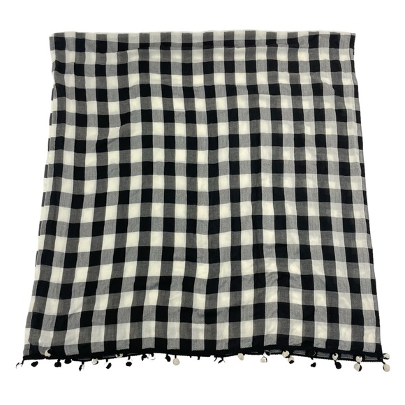 Talbots Scarf Wrap Plaid with Pompoms OS Black & White - Picture 8 of 11